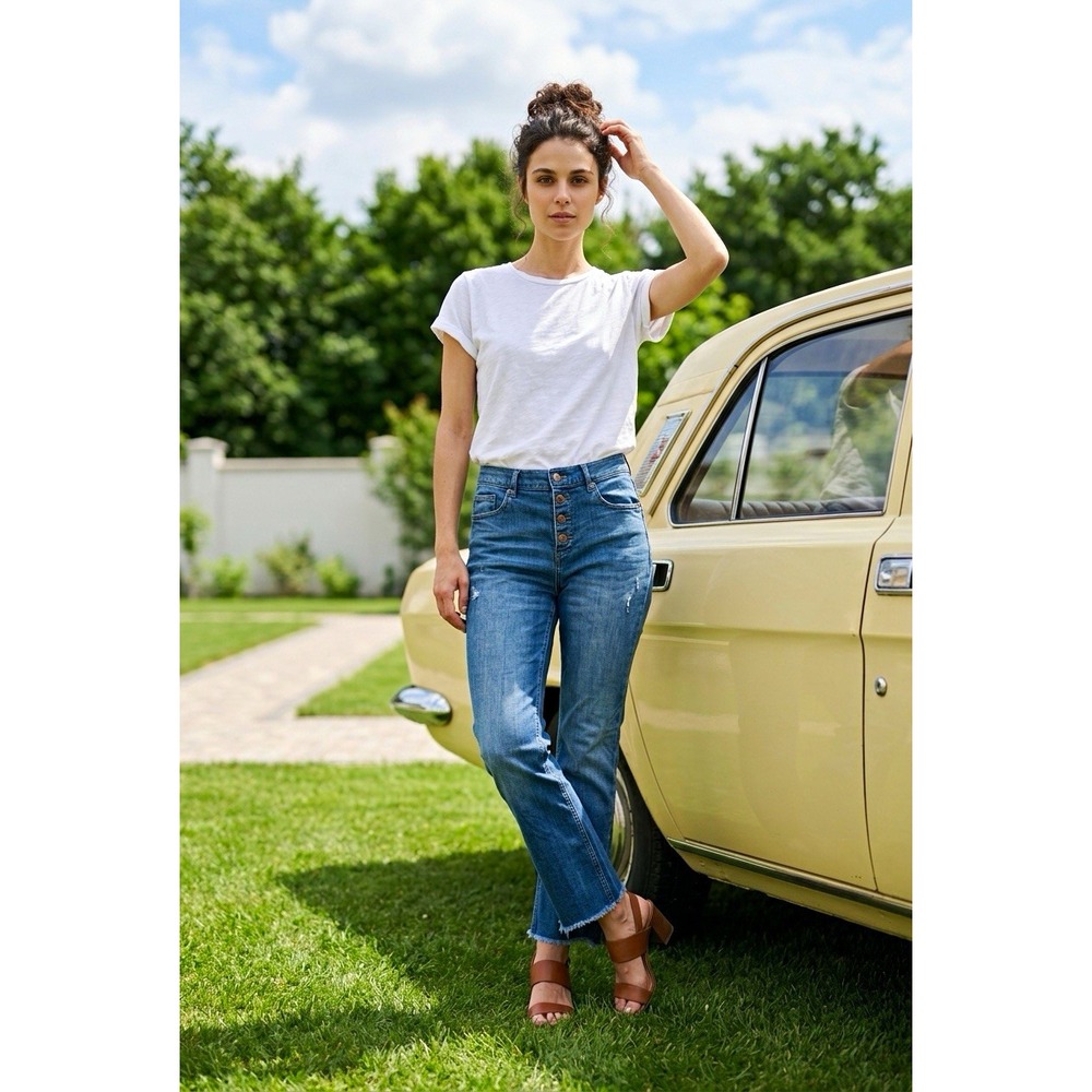 LOFT Womens Blue Denim High Waist Flare Crop Jeans Distressed Size 12